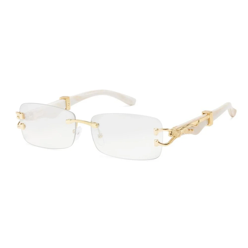 Mens Rimless Rectangle Clear Sunglasses Gold Cream Marble Gray Gradient Lens New